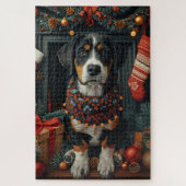 Bluetick Coonhound met kerstcadeaus open haard Legpuzzel (Verticaal)