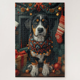 Bluetick Coonhound met kerstcadeaus open haard Legpuzzel