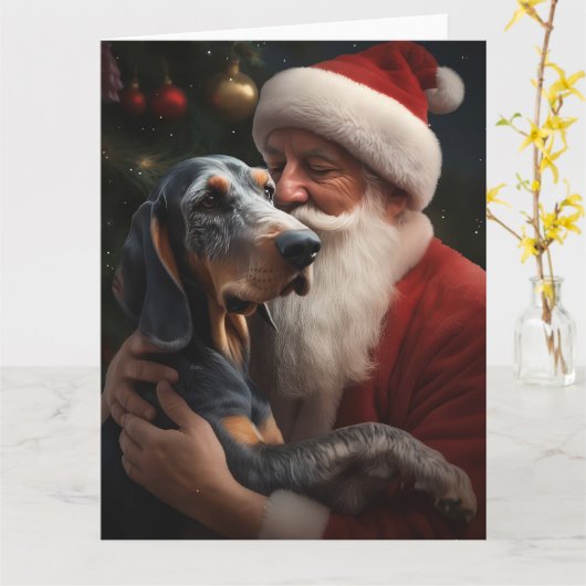 Bluetick Coonhound met Kerstman Kerstmis Kaart (Gele Bloem)