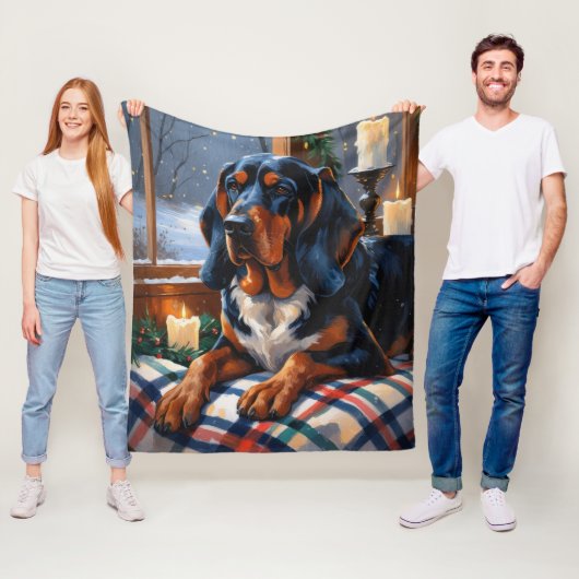 Bluetick Coonhound met kerstverlichting Vakantie Fleece Deken (In situ)