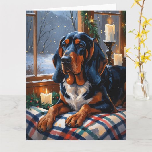 Bluetick Coonhound met kerstverlichting vakantie Kaart (Gele Bloem)