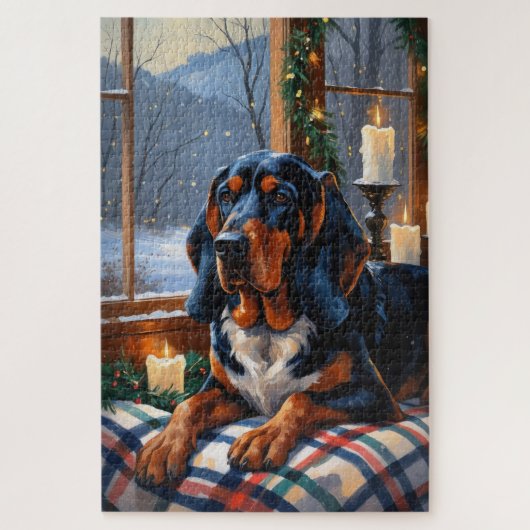 Bluetick Coonhound met kerstverlichting Vakantie Legpuzzel (Verticaal)