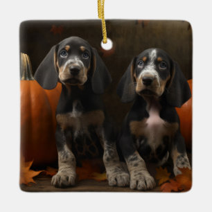 Bluetick Coonhound Puppy Herfst Delight Pompoen Keramisch Ornament