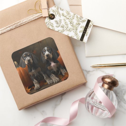 Bluetick Coonhound Puppy Herfst Delight Pompoen Vierkante Sticker (Geschenken)