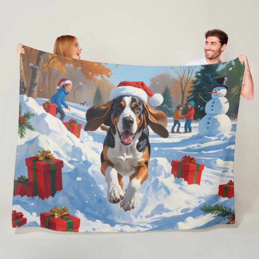 Bluetick Coonhound Rent in de Sneeuw met Kerstmis Fleece Deken (In situ)