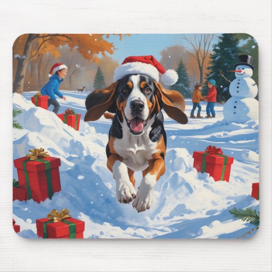 Bluetick Coonhound Rent in de Sneeuw met Kerstmis Muismat (Voorkant)