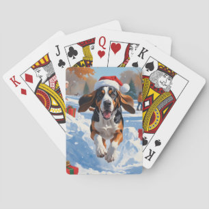 Bluetick Coonhound Rent in de Sneeuw met Kerstmis Pokerkaarten