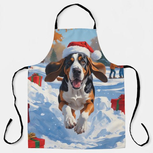 Bluetick Coonhound Rent in de Sneeuw met Kerstmis Schort (Voorkant)