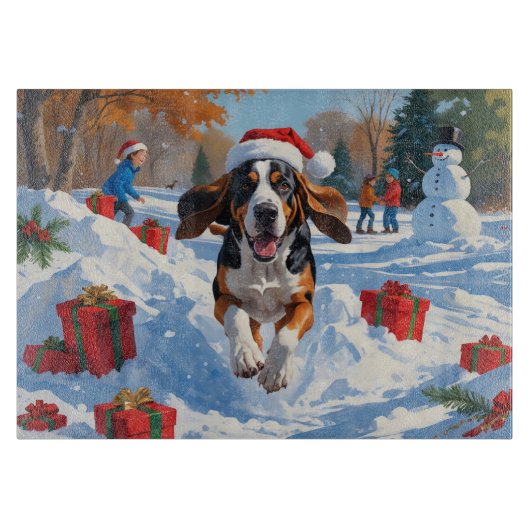 Bluetick Coonhound Rent in de Sneeuw met Kerstmis Snijplank (Voorkant)