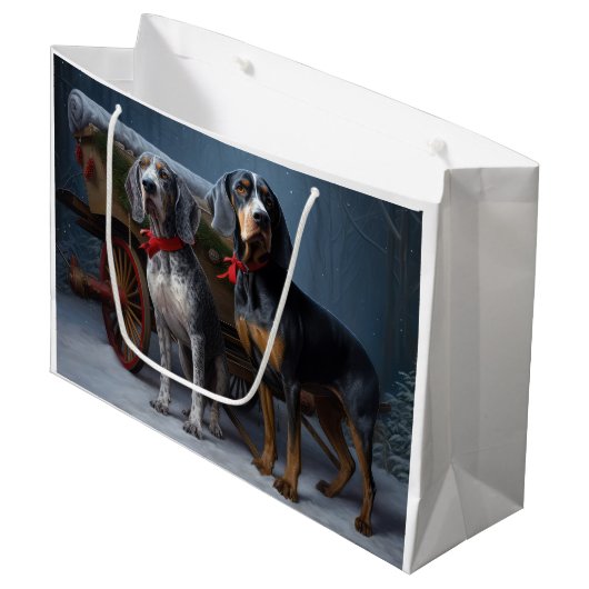 Bluetick Coonhound Snowy Sleigh Kerst Decor Groot Cadeauzakje (Voorkant Gekanteld)