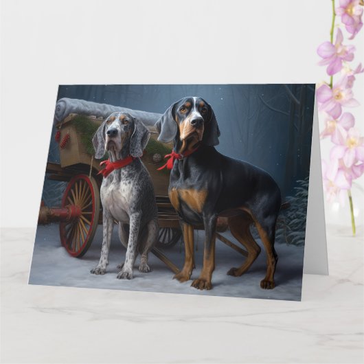 Bluetick Coonhound Snowy Sleigh Kerst Decor Kaart (Orchidee)