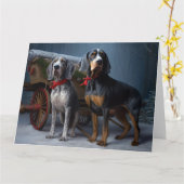 Bluetick Coonhound Snowy Sleigh Kerst Decor Kaart (Gele Bloem)