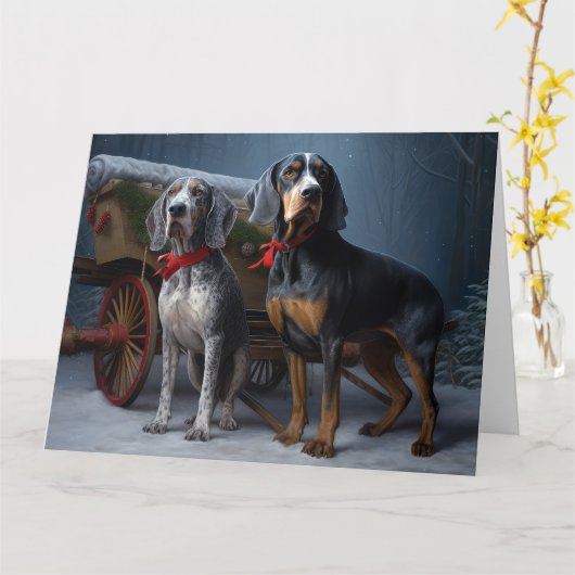 Bluetick Coonhound Snowy Sleigh Kerst Decor Kaart (Gele Bloem)