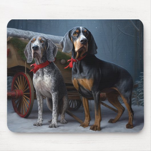 Bluetick Coonhound Snowy Sleigh Kerst Decor Muismat (Voorkant)