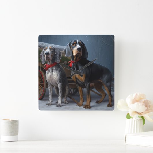 Bluetick Coonhound Snowy Sleigh Kerst Decor Vierkante Klok (Huis)