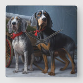 Bluetick Coonhound Snowy Sleigh Kerst Decor Vierkante Klok (Voorkant)