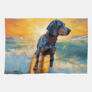 Bluetick Coonhound strand surfen schilderij Theedoek