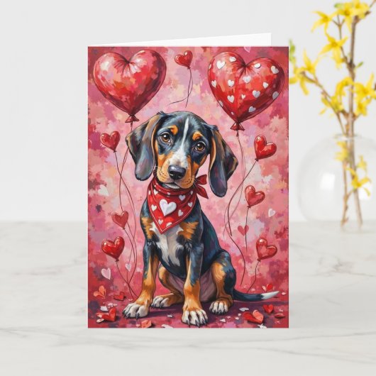 Bluetick Coonhound Valentijnsdag Zittende Hond Kaart (Gele Bloem)