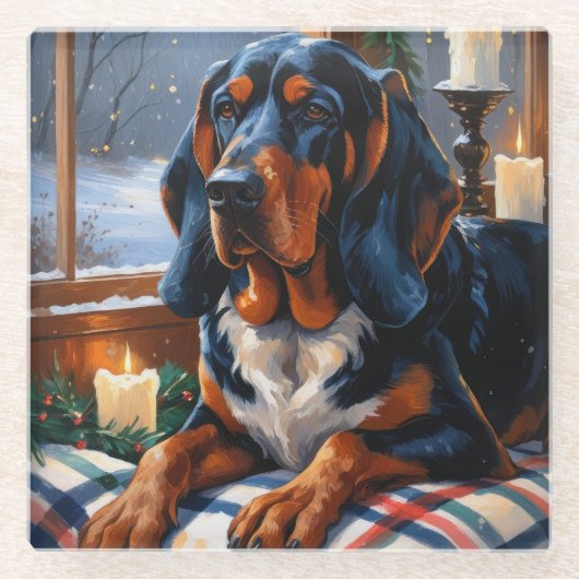 Bluetick Coonhound With Christmas Lights Holiday Glazen Onderzetter (Voorkant)