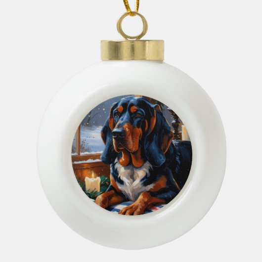 Bluetick Coonhound With Christmas Lights Holiday Keramische Bal Ornament (Voorkant)