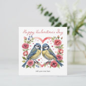 Bluetits Love Hearts Rozen Vogels Valentijnsdag Feestdagenkaart (Staand voorkant)