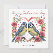 Bluetits Love Hearts Rozen Vogels Valentijnsdag Feestdagenkaart (Voorkant)