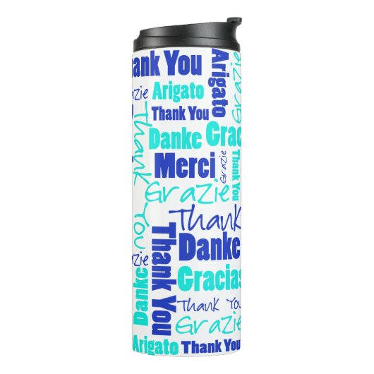 BlueTurquoise Multilingual Dank u wel Typografie Thermosbeker (Gedraaid links)