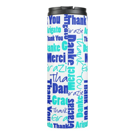 BlueTurquoise Multilingual Dank u wel Typografie Thermosbeker (Achterkant)