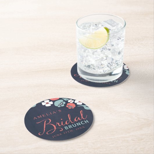 Bluish Chalkboard Floral Bridal Brunch Round Ronde Kartonnen Onderzetter (Insitu)