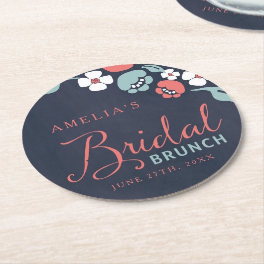 Bluish Chalkboard Floral Bridal Brunch Round Ronde Kartonnen Onderzetter (Gebogen)