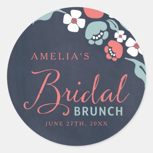Bluish Chalkboard Floral Bridal Brunch Round Ronde Sticker (Voorkant)