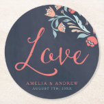 Bluish Chalkboard Floral Love Wedding Ronde Kartonnen Onderzetter<br><div class="desc">Maak indruk op uw gasten met dit gepersonaliseerde sierlijke bruiloft rond onderzetter met prachtige bloemen tegen een blauwachtige krijtbordachtergrond, met het woord "Love" in modern scriptlettertype. Het zal ook grote gunstgeschenken voor uw partij maken. Bekijk hier de overeenkomende huwelijksartikelen in mijn winkel http://www.zazzle.com/collections/bluish_chalkboard_floral_bridal_and_wedding-119872540777216768?rf=238364477188679314 Personaliseer deze met je gegevens door de...</div>