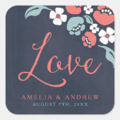 Bluish Chalkboard Floral Love Wedding Vierkante Sticker (Voorkant)