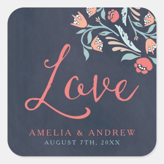 Bluish Chalkboard Floral Love Wedding Vierkante Sticker (Voorkant)
