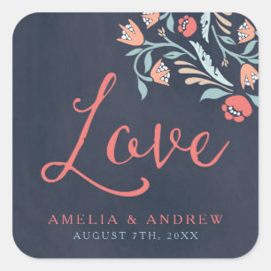 Bluish Chalkboard Floral Love Wedding Vierkante Sticker