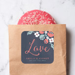 Bluish Chalkboard Floral Love Wedding Vierkante Sticker<br><div class="desc">Deze Love square sticker heeft prachtige bloemen tegen een blauwachtige krijtbordachtergrond, met het woord "Love" in modern scriptlettertype. Gebruik het om uw Save the Date enveloppen of voor decoratie te verzegelen. Bekijk andere bijpassende Bruiloft / bruidsartikelen in mijn collectie hier -> http://www.zazzle.com/collections/bluish_chalkboard_floral_bridal_and_wedding-119872540777216768?rf=238364477188679314 Personaliseer het met uw gegevens door de plaatsaanduidingstekst...</div>