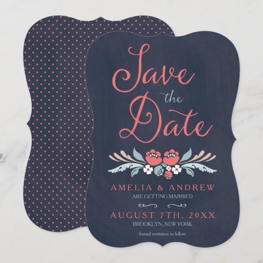 Bluish Chalkboard Floral Save the Date Kaart (Voorkant / Achterkant)