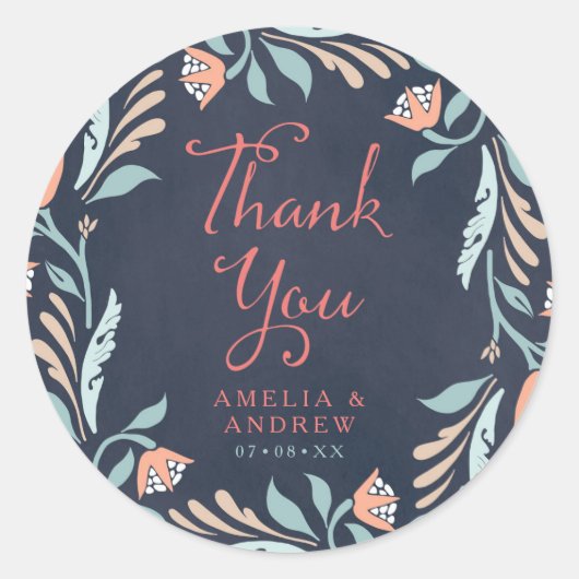 Bluish Chalkboard Floral Wedding Bedankt Ronde Sticker (Voorkant)