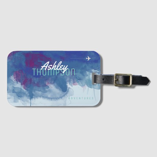 Bluish watercolor with name cool & modern bagagelabel (Voorkant (horizontaal))