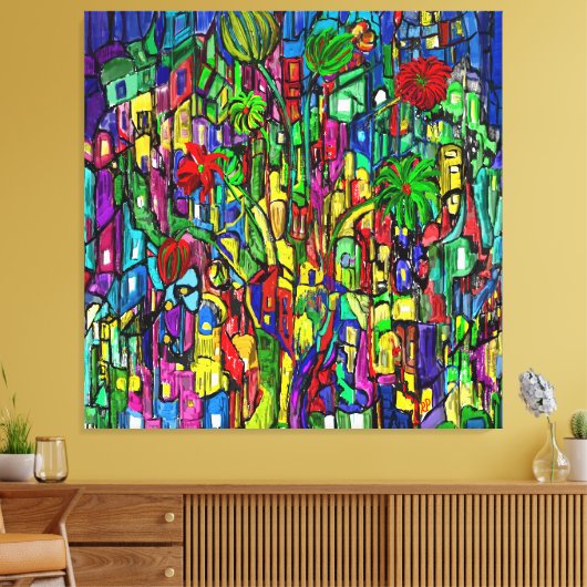 Blumen-Baum im Häusermeer. Canvas Afdruk (Insitu (Woonkamer))