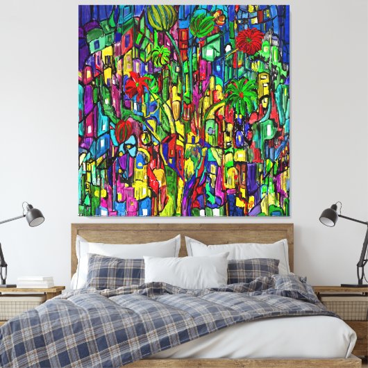 Blumen-Baum im Häusermeer. Canvas Afdruk (Insitu (Slaapkamer))