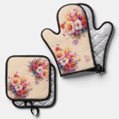 Blumen, bouquet, beige, bunt, sommerlich ovenwant & pannenlap set (Voorkant / Achterkant)