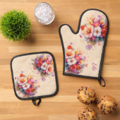 Blumen, bouquet, beige, bunt, sommerlich ovenwant & pannenlap set (Top down)