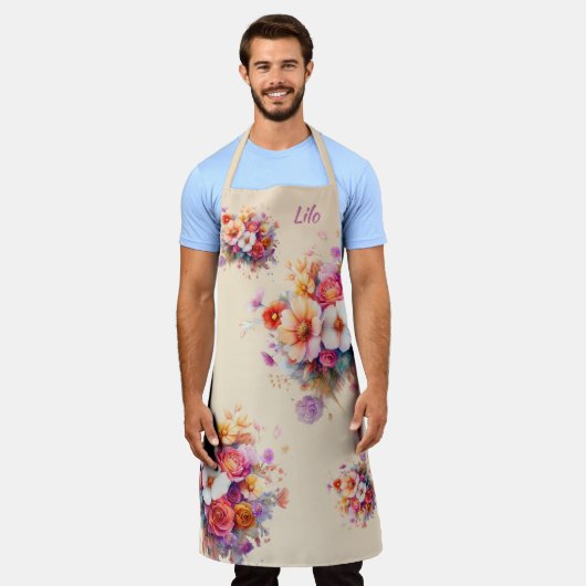 Blumen, bunt, Beige, bouquet, Name oder Monogramm Schort (Gedragen)