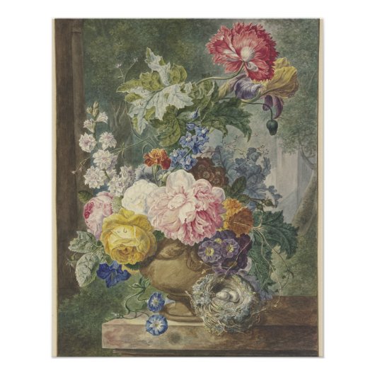 Blumenstrauß in einer vaas mit vogelnest perfect poster (Voorkant)