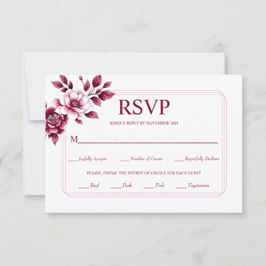 Blurgundy bloemstuk driedubbele grens bruiloft RSVP kaartje (Voorkant)