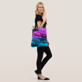 Blurred background fashionable crimson and blue tote bag (Op model)