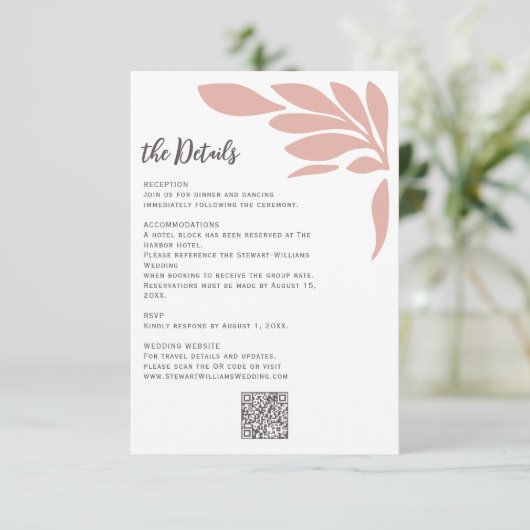 Blush Abstract Tropical Floral Leaf Wedding  Informatiekaartje (Staand voorkant)