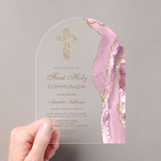 Blush Agate Eerste Communie Acryl Uitnodigingen (Insitu (Draagbaar))