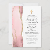 Blush Agate Gold Glitter First Heilige Communie Kaart (Voorkant)